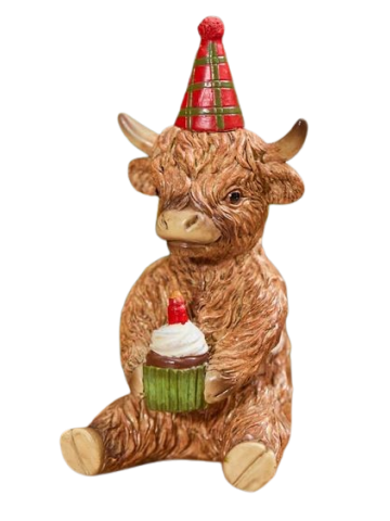 HIGHLAND COW WITH PARTY HAT AND CUP CAKE RESIN ORNAMENT