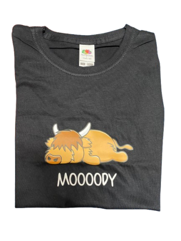 Ladies Scottish Highland Cow T Shirt (Moody Cow) - Size XL