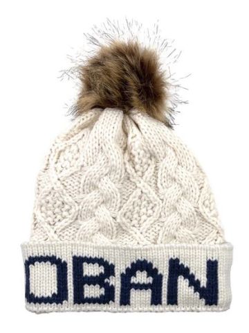 Oban Diamond Cable Text Pom Pom Hat - Cream 