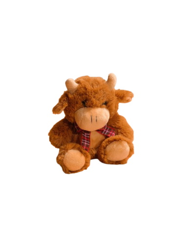 SMALL PLUSH HIGHLAND COW WITH TARTAN BOW AND MOOING SOUND