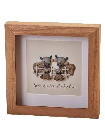 DOUGAL HIGHLAND COW "HOME IS WHERE THE HERD IS" WOOD FRAMED RESIN PEBBLE PICTURE