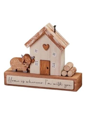DOUGAL HIGHLAND COW "HOME IS WHEREVER I'M WITH YOU" HOUSE BLOCK NATURAL WOOD