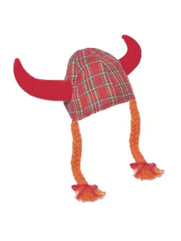 Fun Jessie Hat Red Tartan Viking Horns And Pigtails