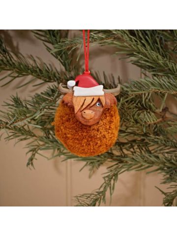 HIGHLAND COW POM POM WITH SANTA HAT CHRISTMAS BAUBLE 