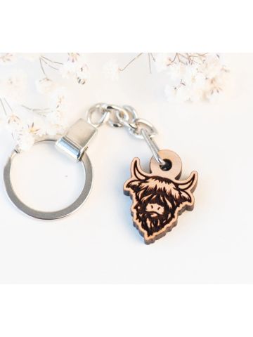 Highland Cow Cherry Wood Keyring