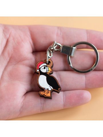 Hand-painted Puffin Bird with Santa Hat Christmas Wooden Keyring
